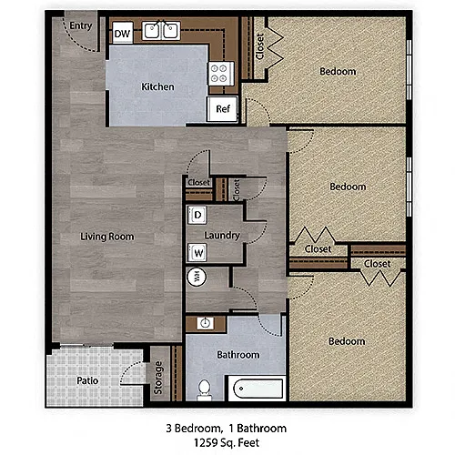 Floor plan 3 Bedroom, 1 Bathroom - 1259 SF