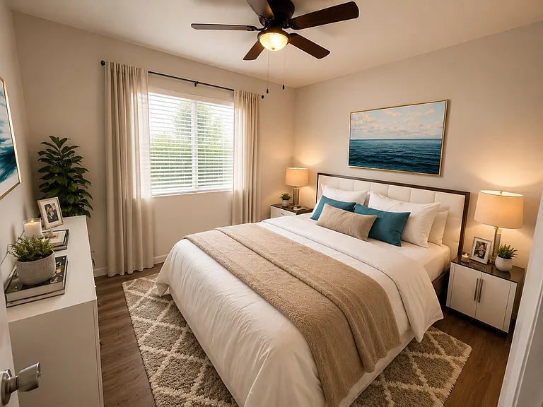 Cozy modern bedroom with soft neutrals