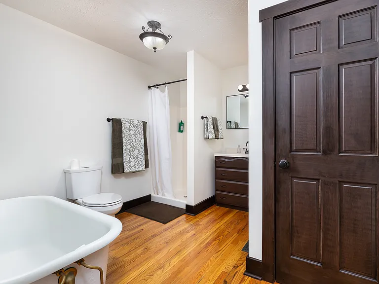 Master bathroom with linen closet