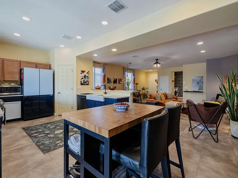 The butcher block in the kitchen is great for food prep or morning coffee while thinking through the rest of your day.
