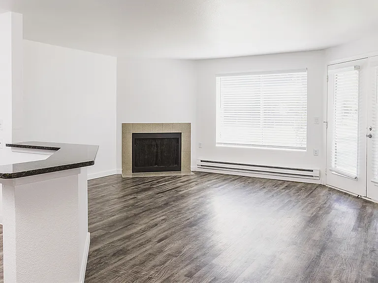 Open style floor plan featuring wood-plank style flooring, fireplace and oversized windows