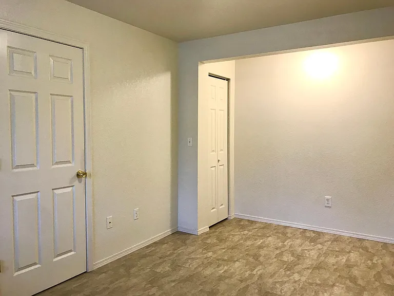 Living room, with bathroom to left and storage closet on rear left.