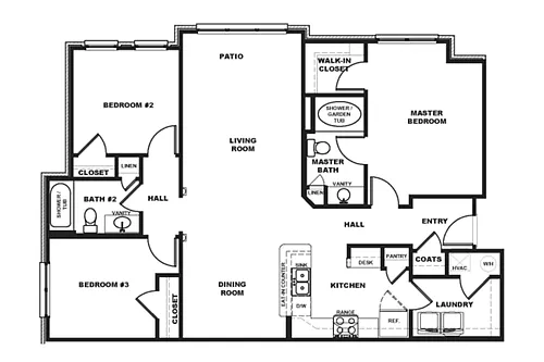 Floor plan 3 Bedroom 2 Bath Patio
