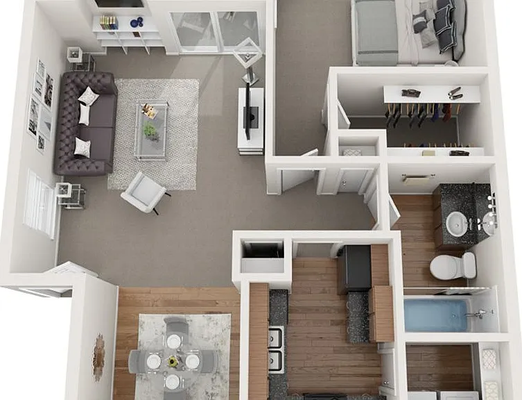 3D floor plan
1 bed 1 bath with patio
-Full size washer & dryer connections