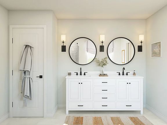 Freestanding vanity with dual sinks in primary bath
