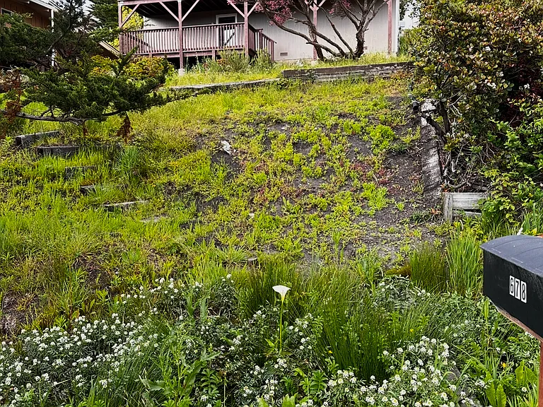 Back of the yard facing the views of the ocean and street below