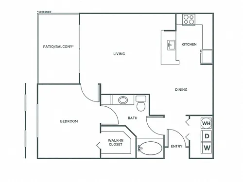 Floor plan One Bedroom One Bath (816 SF)