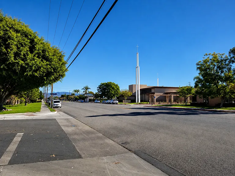 Quiet and convenient community setting with nearby streets, sidewalks, and local access.