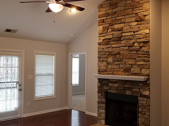 Stacked stone fireplace 