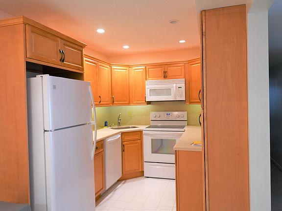 Updated kitchen with Corian countertop and maple cabinets.