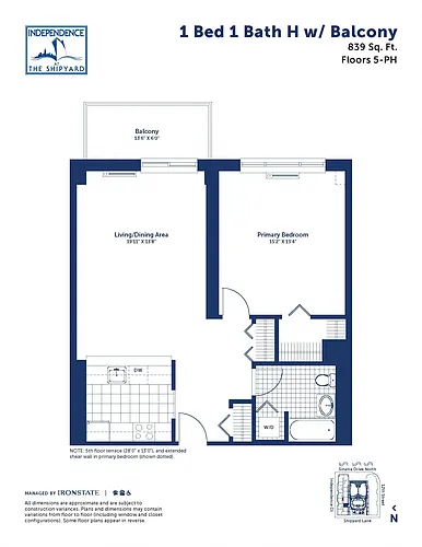 Floor plan 1 Bed 1 Bath H With Balcony