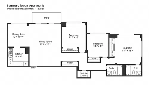 Floor plan 3BR 2BA (1270sf)