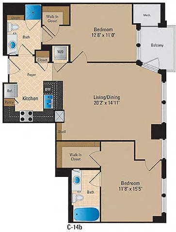 Floor plan 2 Bedroom, 2 Bath 1072 SF B3