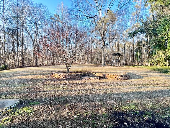Expansive back yard with custom swing set.