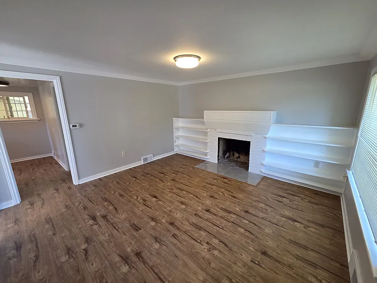Living room with built-in shelves