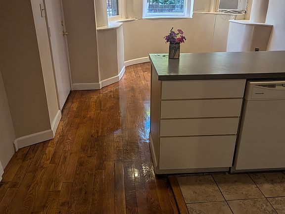 Bay windows seen through kitchen