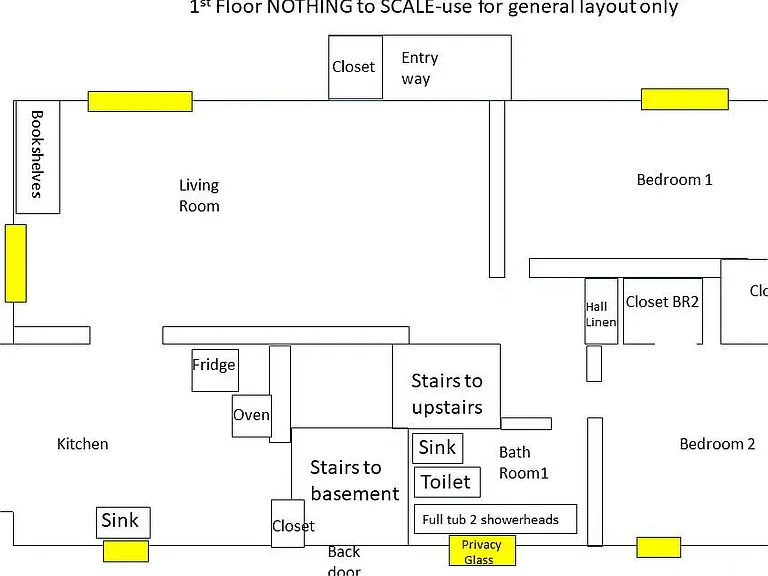 Main floor, not to scale. Yellow areas are windows