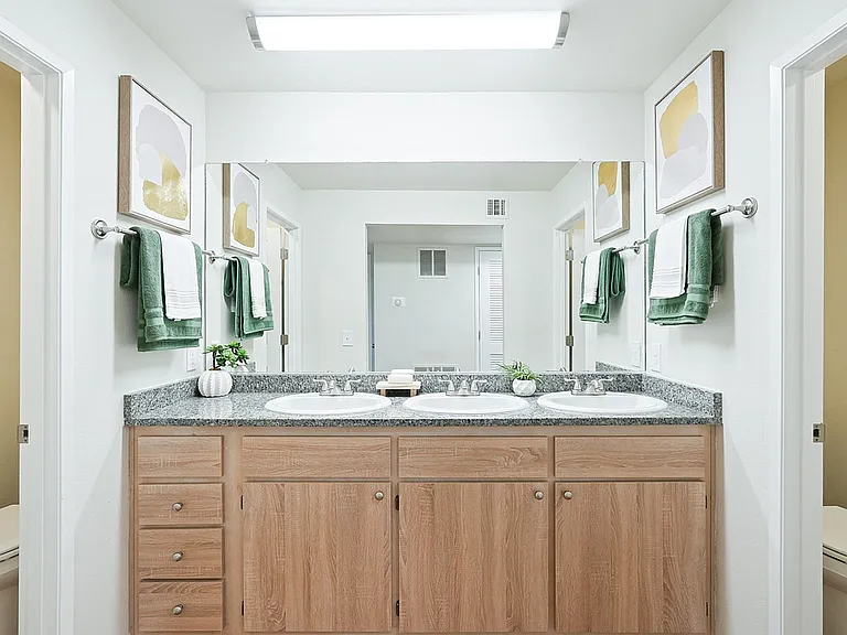 Experience luxury in this beautifully designed bathroom, complete with dual sinks and chic accents.