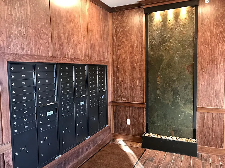 Mailboxes and entryway fountain