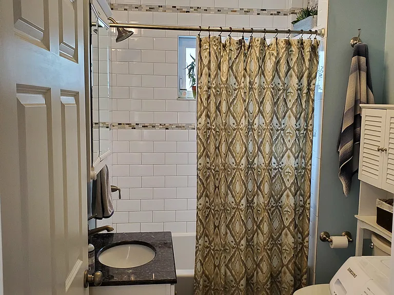 Bathroom with tub/shower and washing machine