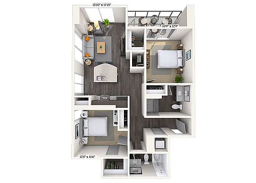 Floor plan Traditional 2x2 987 SF