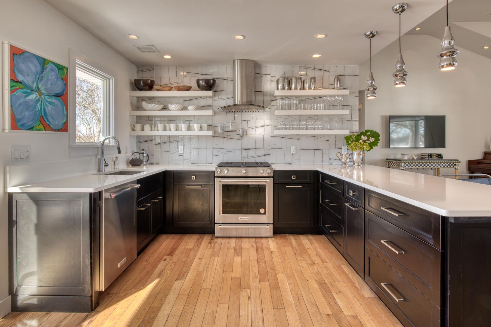  A Focus on the Sun drenched Kitchen with Pot Filler & Floating Shelves, Multiple Pantrie