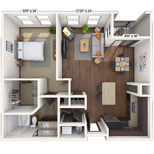 Floor plan Traditional 1x1 873-907 SF