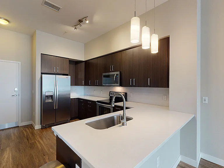 Apartment kitchen with stainless steel appliances, quartz countertops and wood-style flooring.
