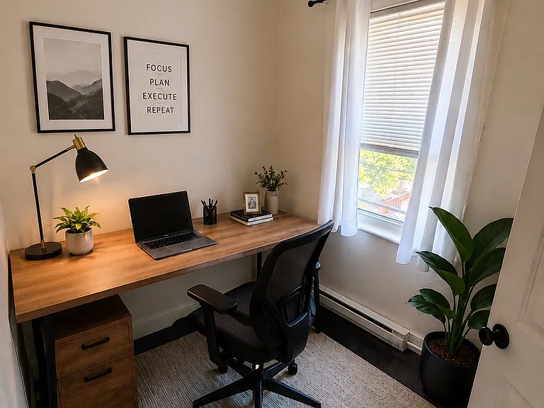 Office area within bedroom number one with digitally staged furniture.