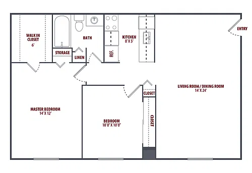 Floor plan 2 Bedroom, 1 Bath, S-Reno