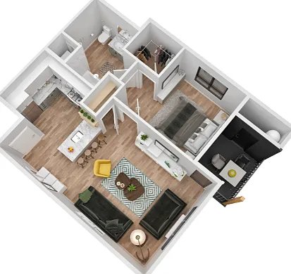 Explore this contemporary apartment layout with an inviting open living space. Explore this contemporary apartment layout with an inviting open living space.