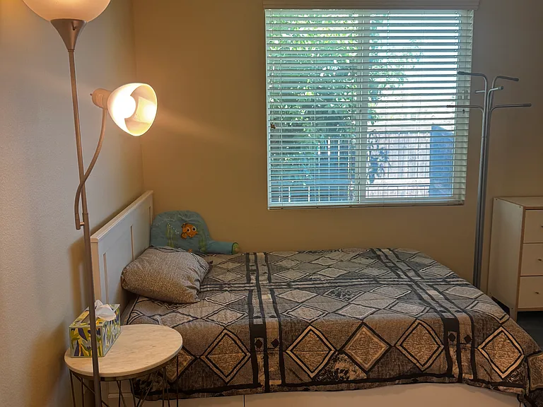 Bedroom #1: basic bedding, bed, floor lamp, bed-side table, large window with blinds, and view of side yard, chest of drawers, coat hanger, ceiling light/fan, carpet flooring, walk-in-closet, desk, desk chair, shelves, spacious room.