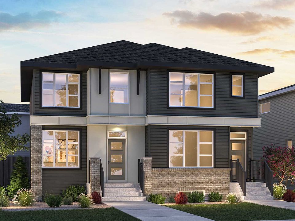 An exterior rendering of the Prairie style of the Elm-Alder model by Brookfield Residential