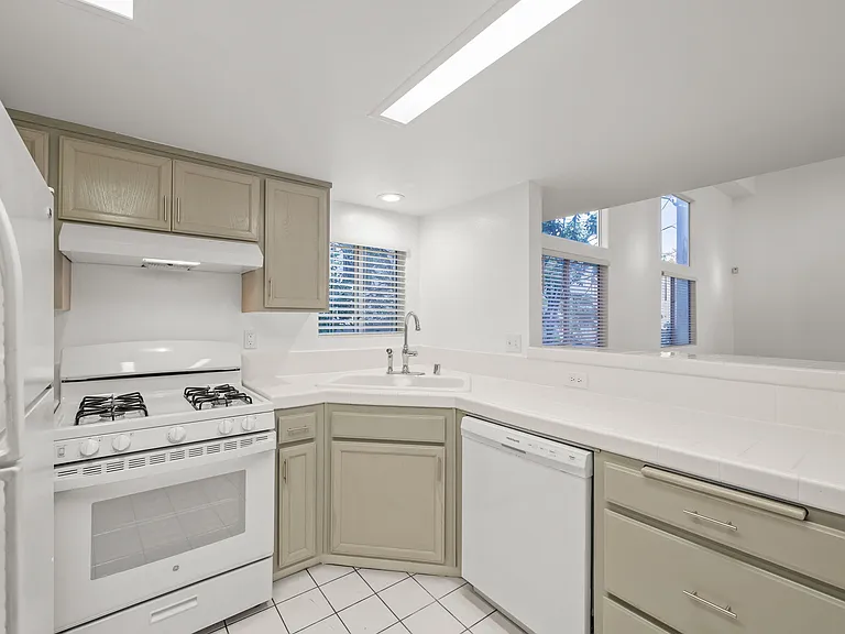 Kitchen with new range, hood, dishwasher garbage disposal, and faucet.