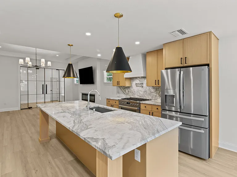 Kitchen island and bar, stainless appliances