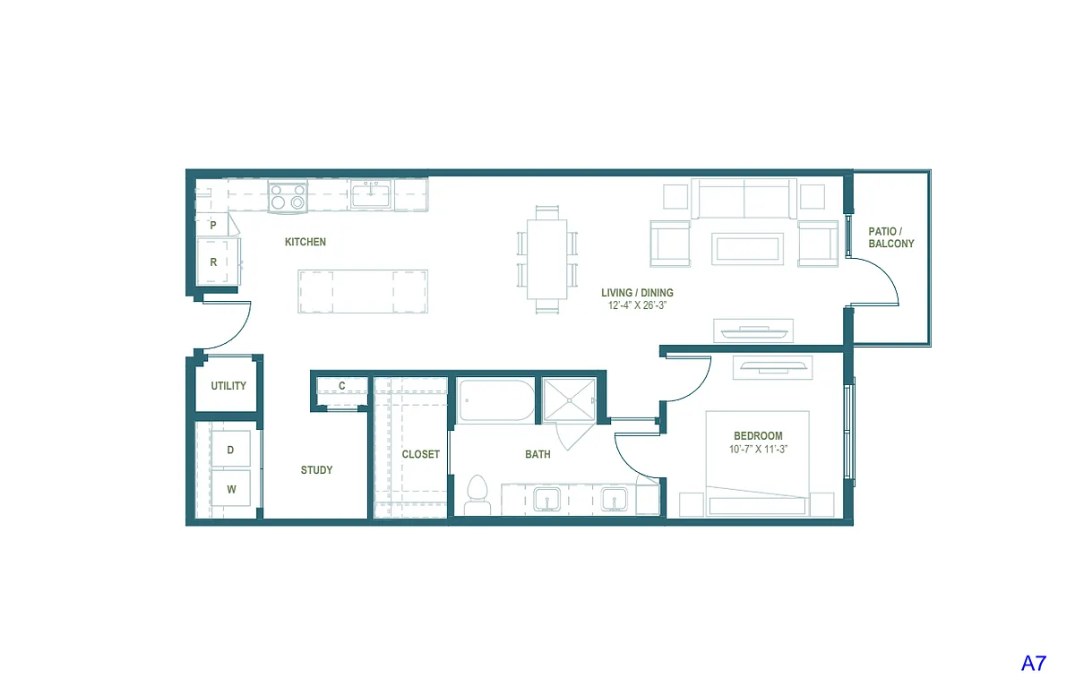 Floor plan A7| 1 Bed | 1 Bath