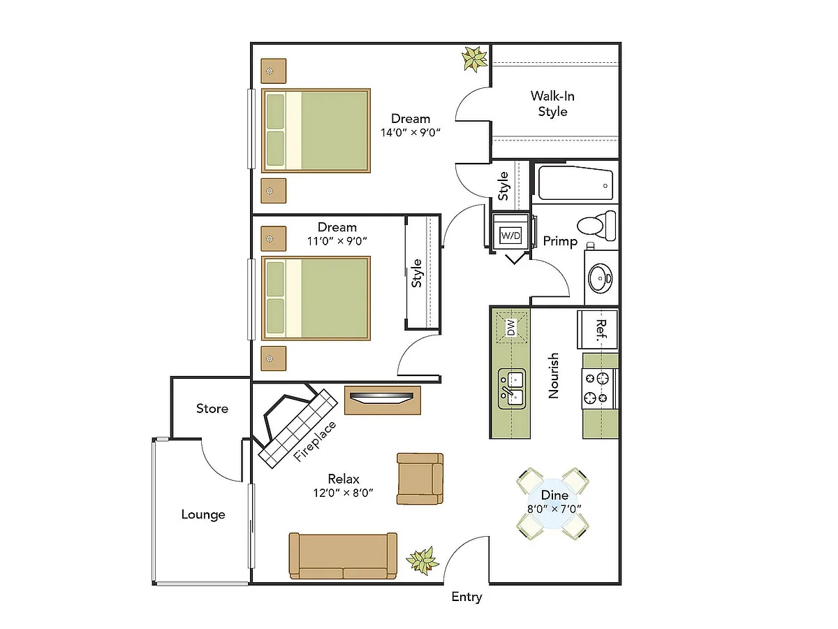 Floor plan 2 Bed, 1 Bath A