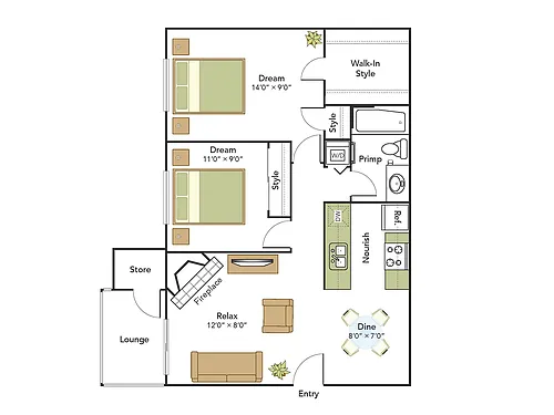 Floor plan 2 Bed, 1 Bath A