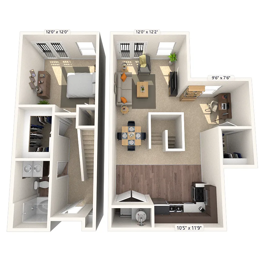 Floor plan Dual Level 1x1 680-1175 SF
