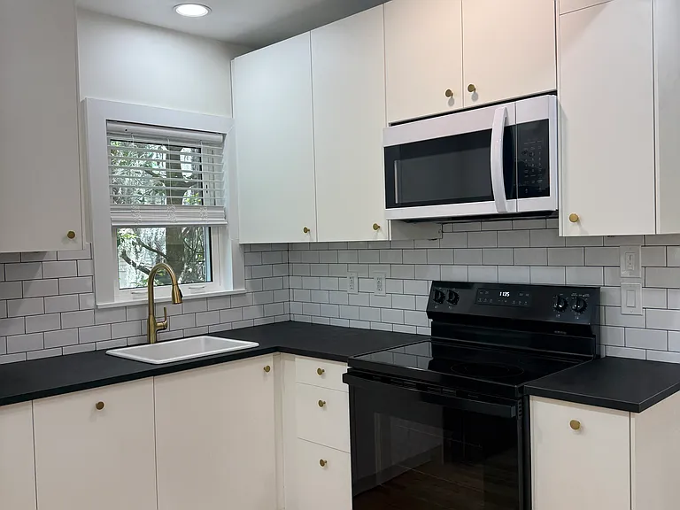 Bright well lit kitchen.