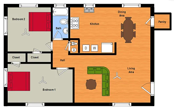 Floor plan 2 Bed, 1 Bath Flat with W/D Hook-Ups