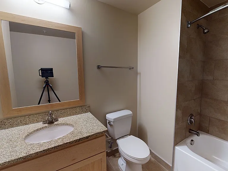 Apartment bathroom with wood-style flooring.