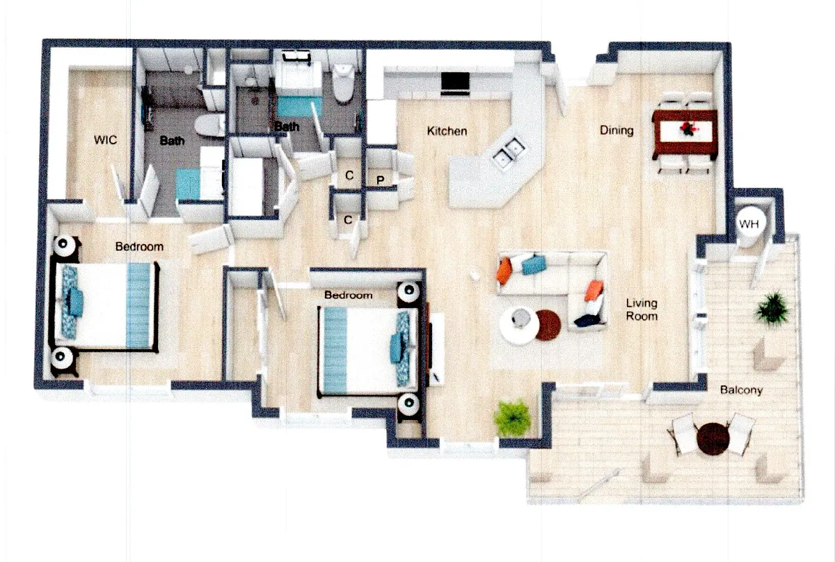 Floor plan 2 Bedroom 2 Bath With Large Balcony