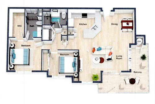 Floor plan 2 Bedroom 2 Bath With Large Balcony