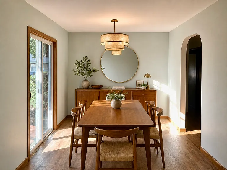 Dining room with soft colored walls, and patio doors that open to the shaded backyard