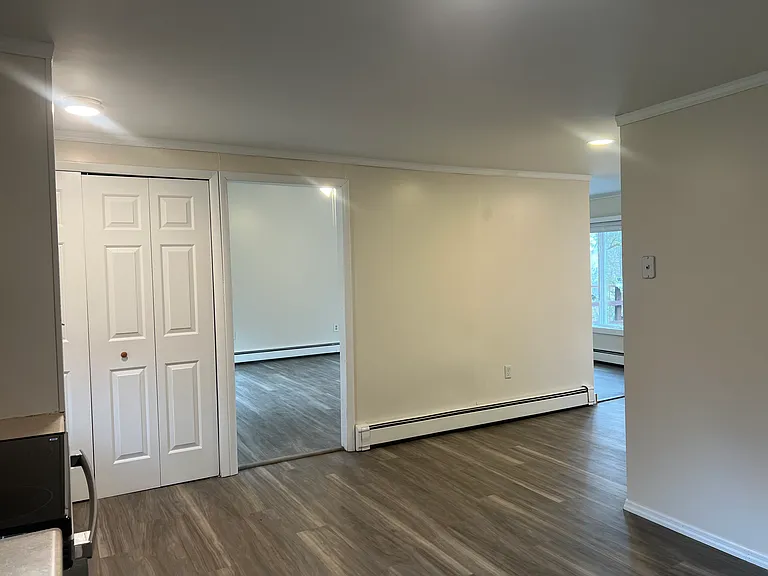 View of the Living Room from the Kitchen; there are two openings offering an open concept feel. A large closet offers convenient storage next to the door.