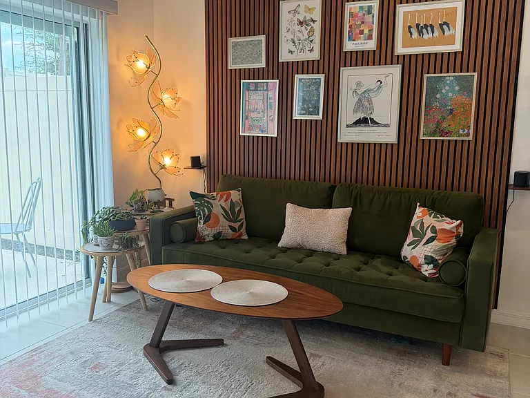Living room. Walnut wood sound panels.