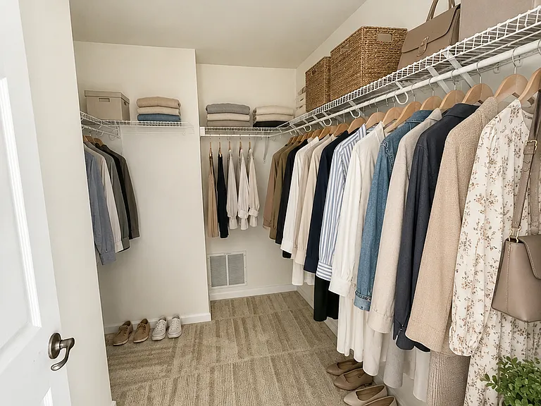 Walk-in closet, virtually staged