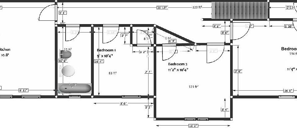 Floor plan: kitchen, bath, 3 bedrooms.