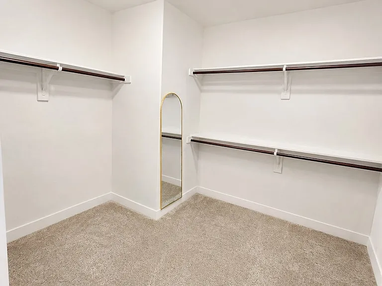 Spacious walk-in closet featuring light-toned carpeting and bright white walls